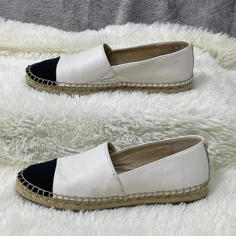 Sam Edelman Krissy Espadrille Women 8 White Black‎ Good Cap Toe Leather Flats